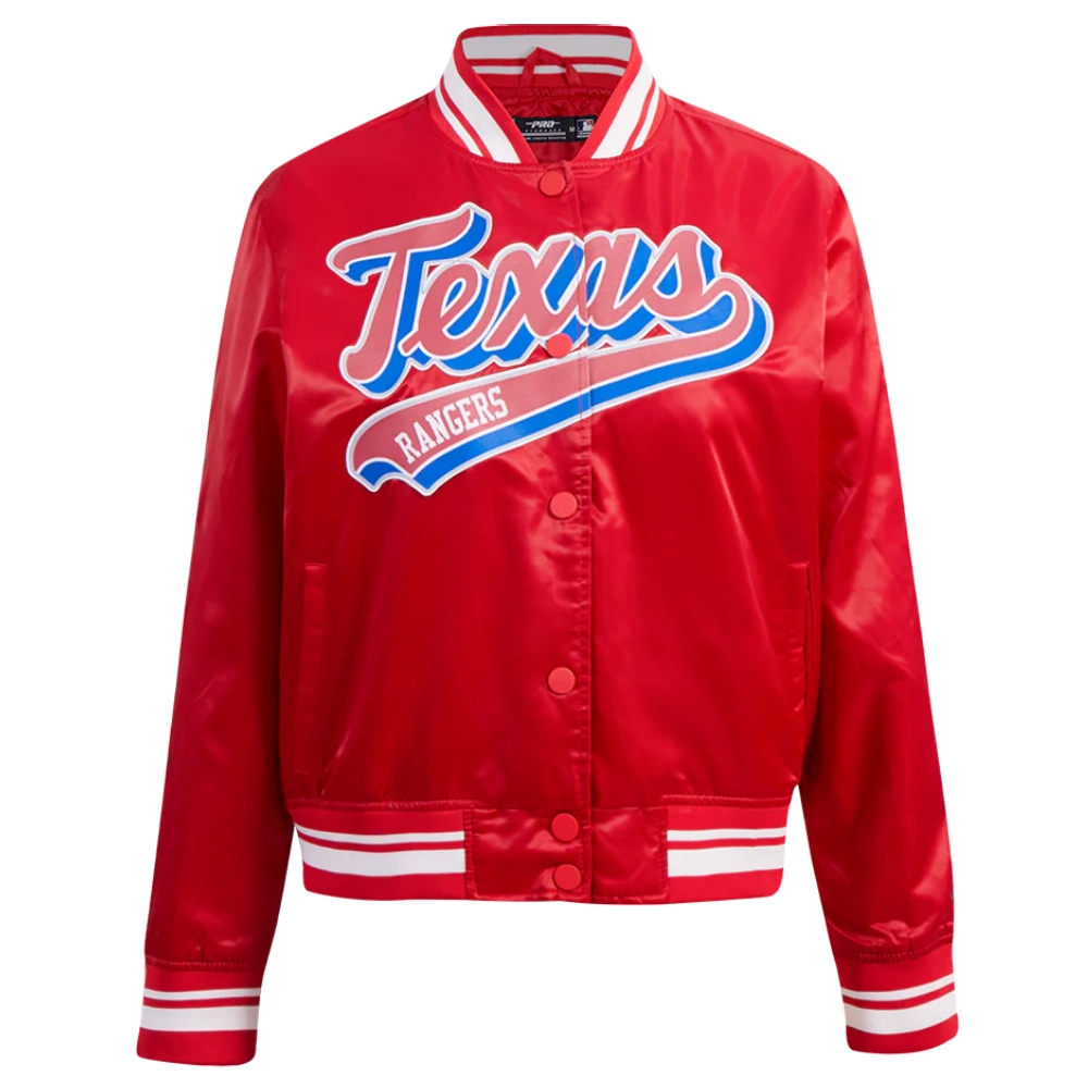 Texas rangers script tail womens full snap satin varsity jacket red 5