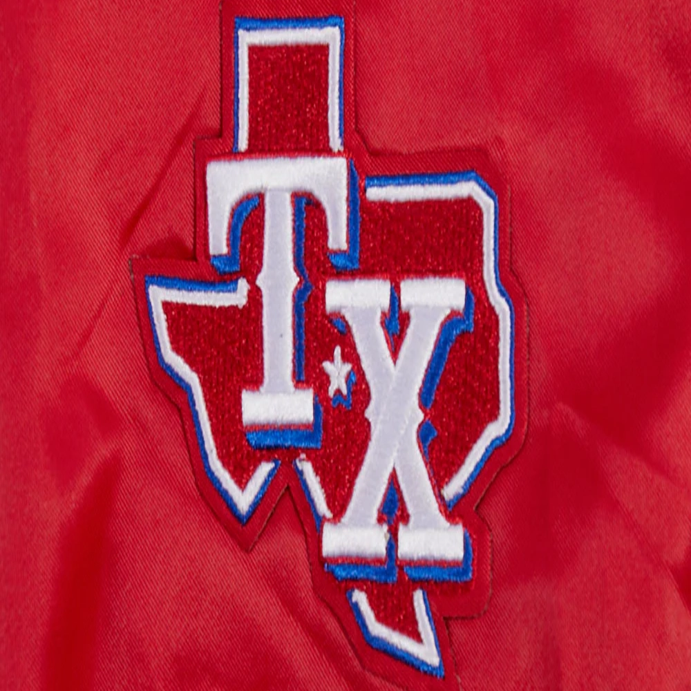 Texas rangers script tail womens full snap satin varsity jacket red
