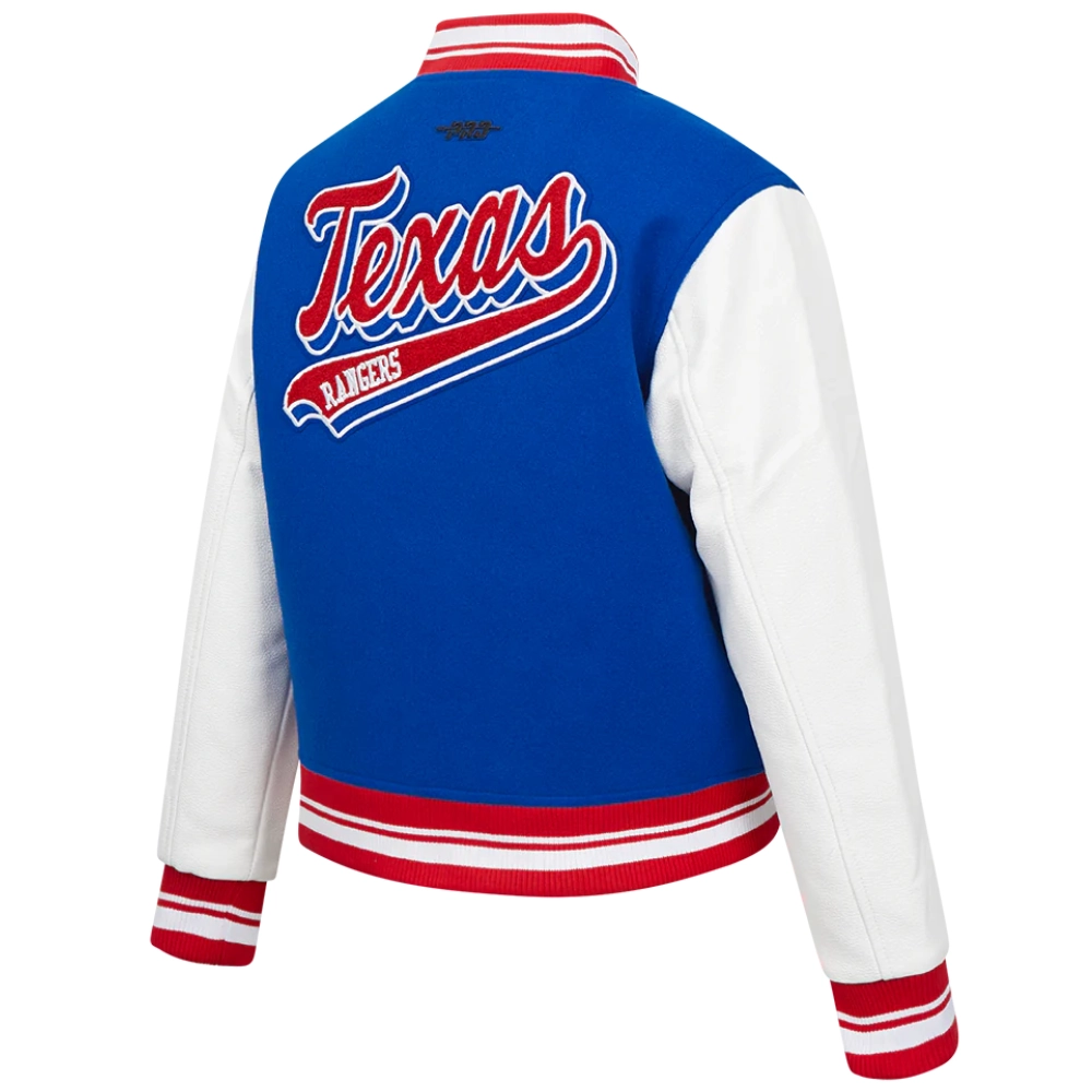 Texas rangers script tail womens wool leather varsity jacket blue white 2