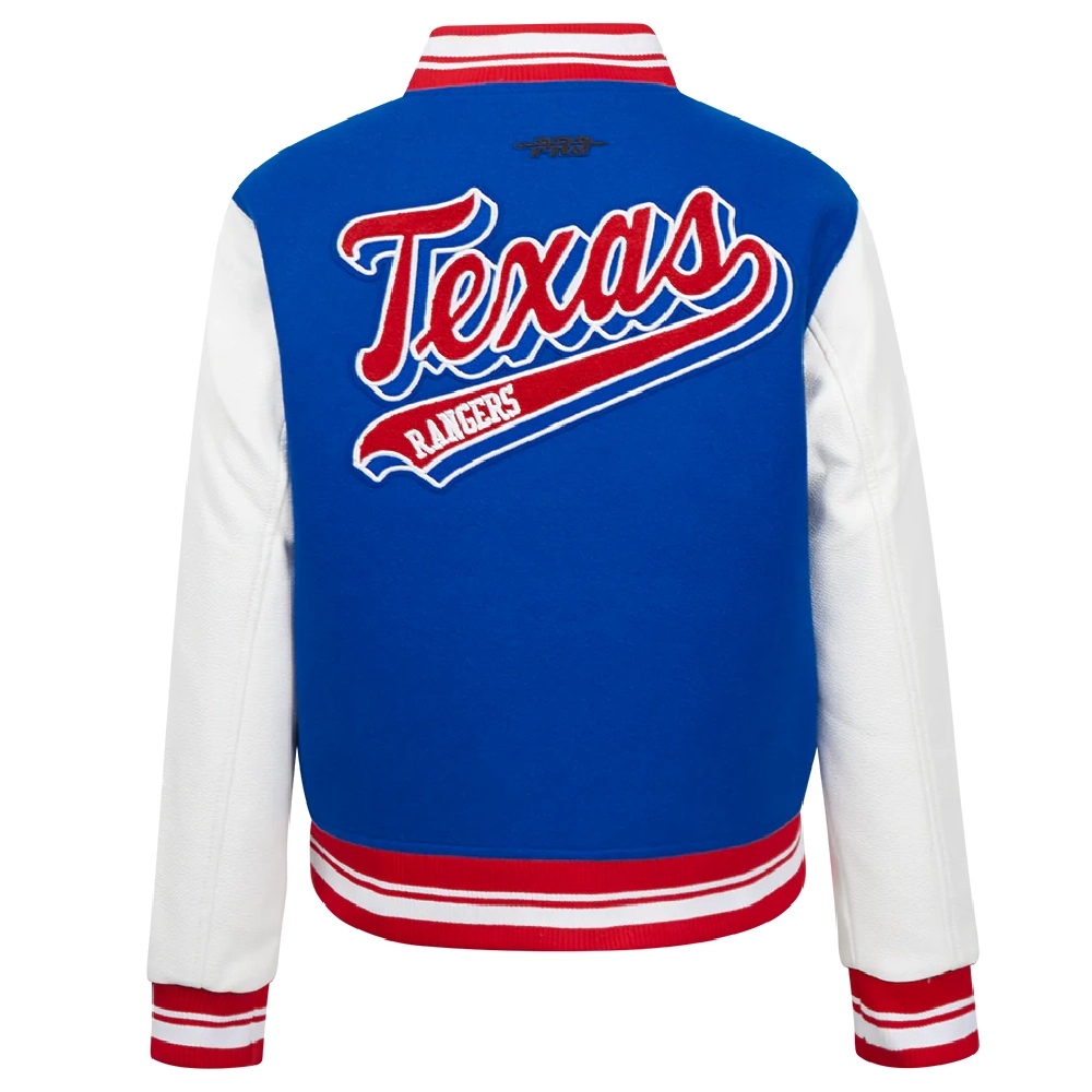 Texas rangers script tail womens wool leather varsity jacket blue white 3