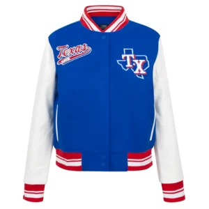 Texas rangers script tail womens wool leather varsity jacket blue white 5