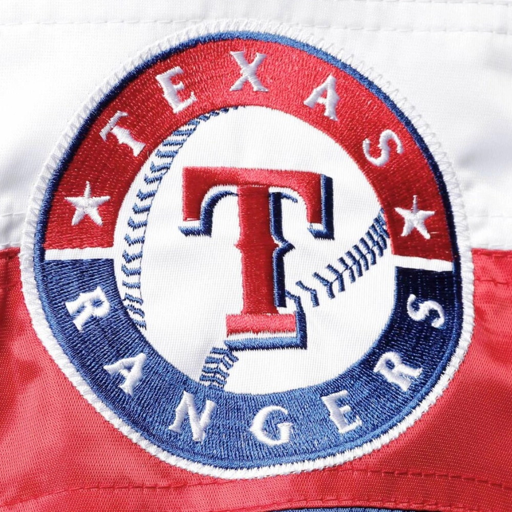 Texas rangers the ambassador full snap satin varsity jacket blue