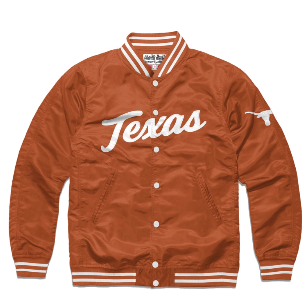 Texas script classic ribbed knitted satin varsity jacket brown 1