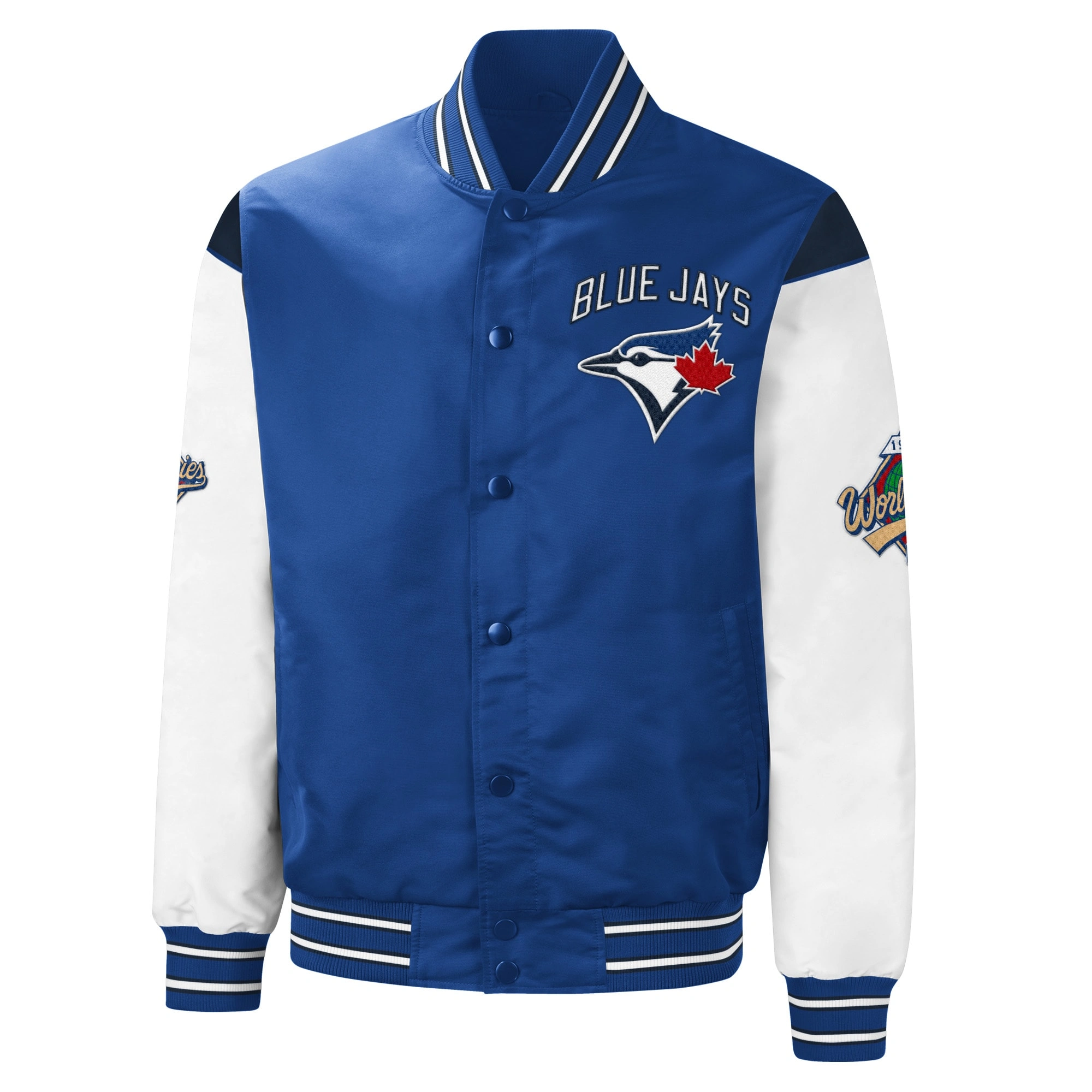 Toronto blue jays 3x world series champions full snap varsity jacket blue white 1 1
