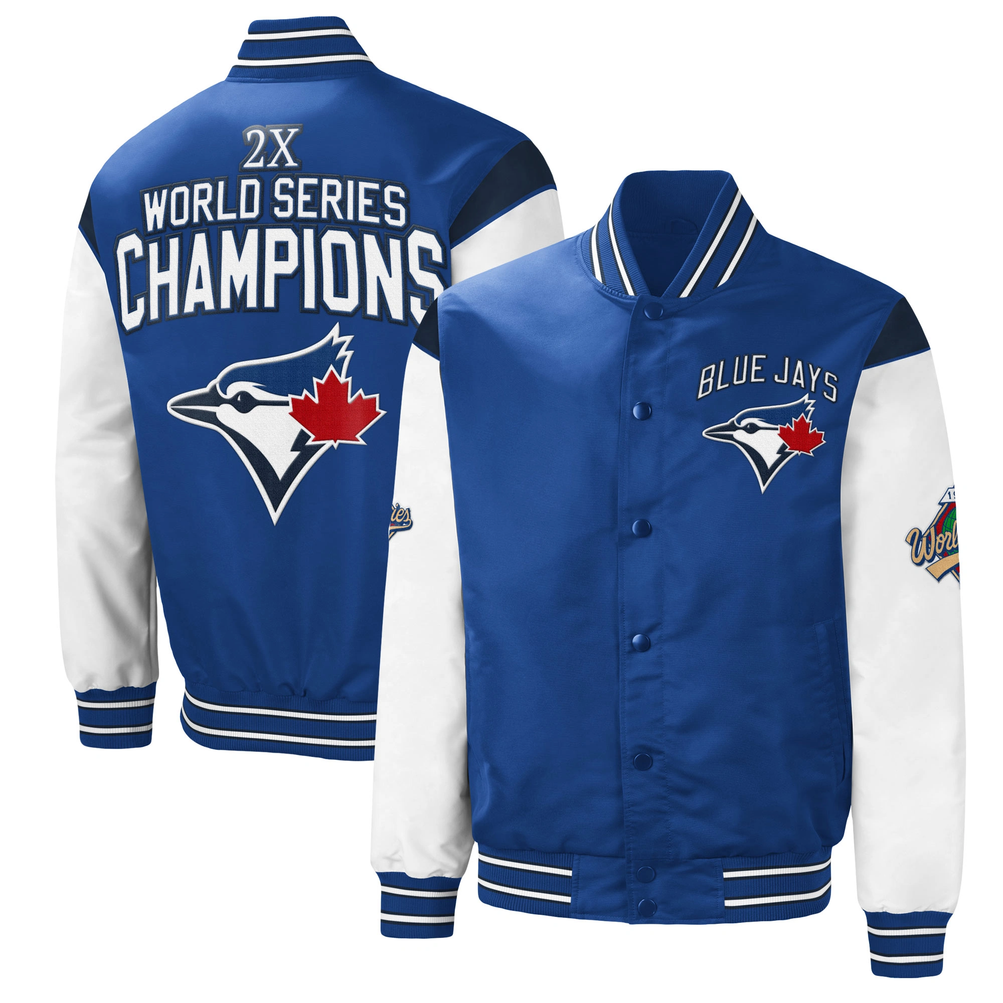 Toronto blue jays 3x world series champions full snap varsity jacket blue white 1