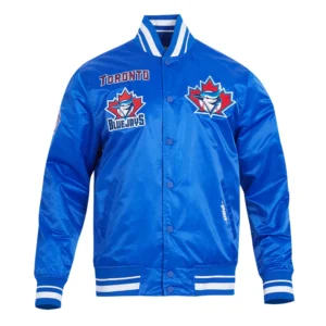 Toronto blue jays retro classic full snap satin varsity jacket blue 1