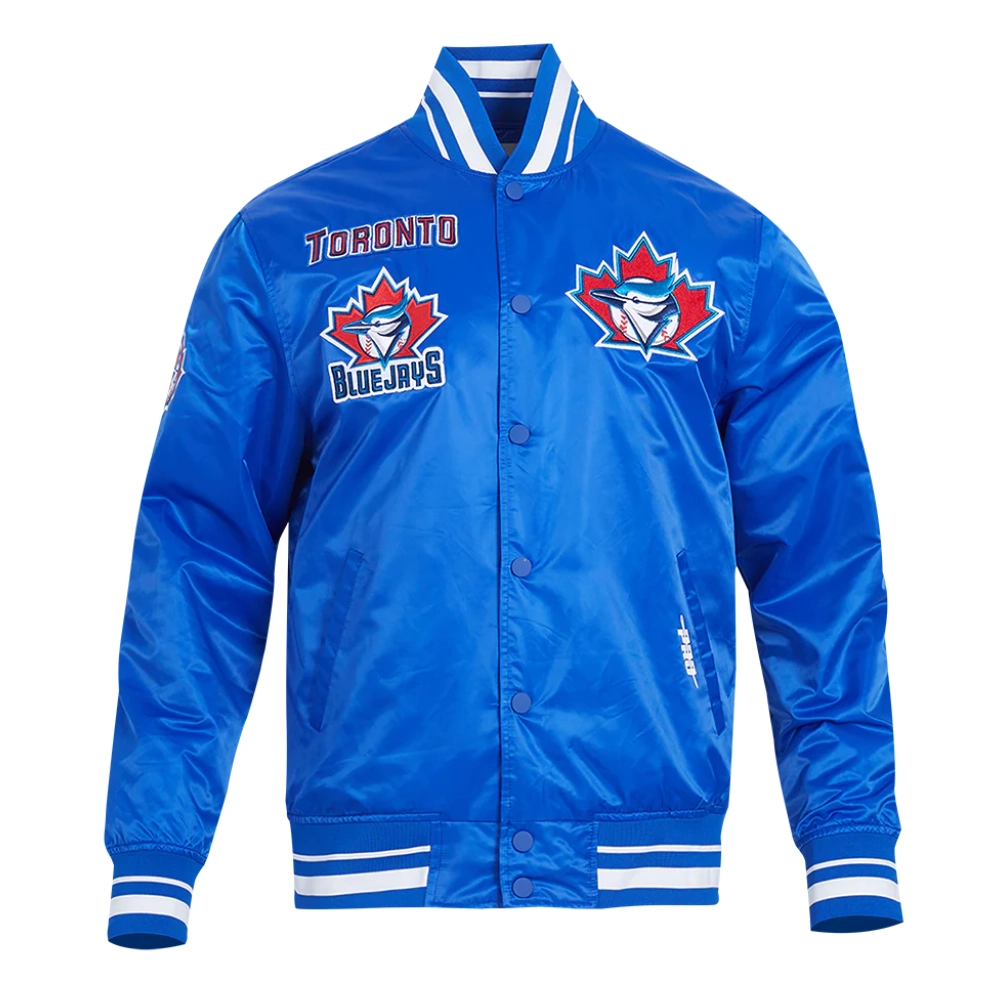Toronto blue jays retro classic full snap satin varsity jacket blue 1