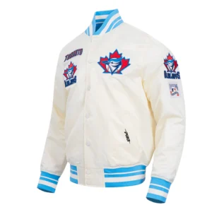 Toronto blue jays retro classic full snap satin varsity jacket cream 2