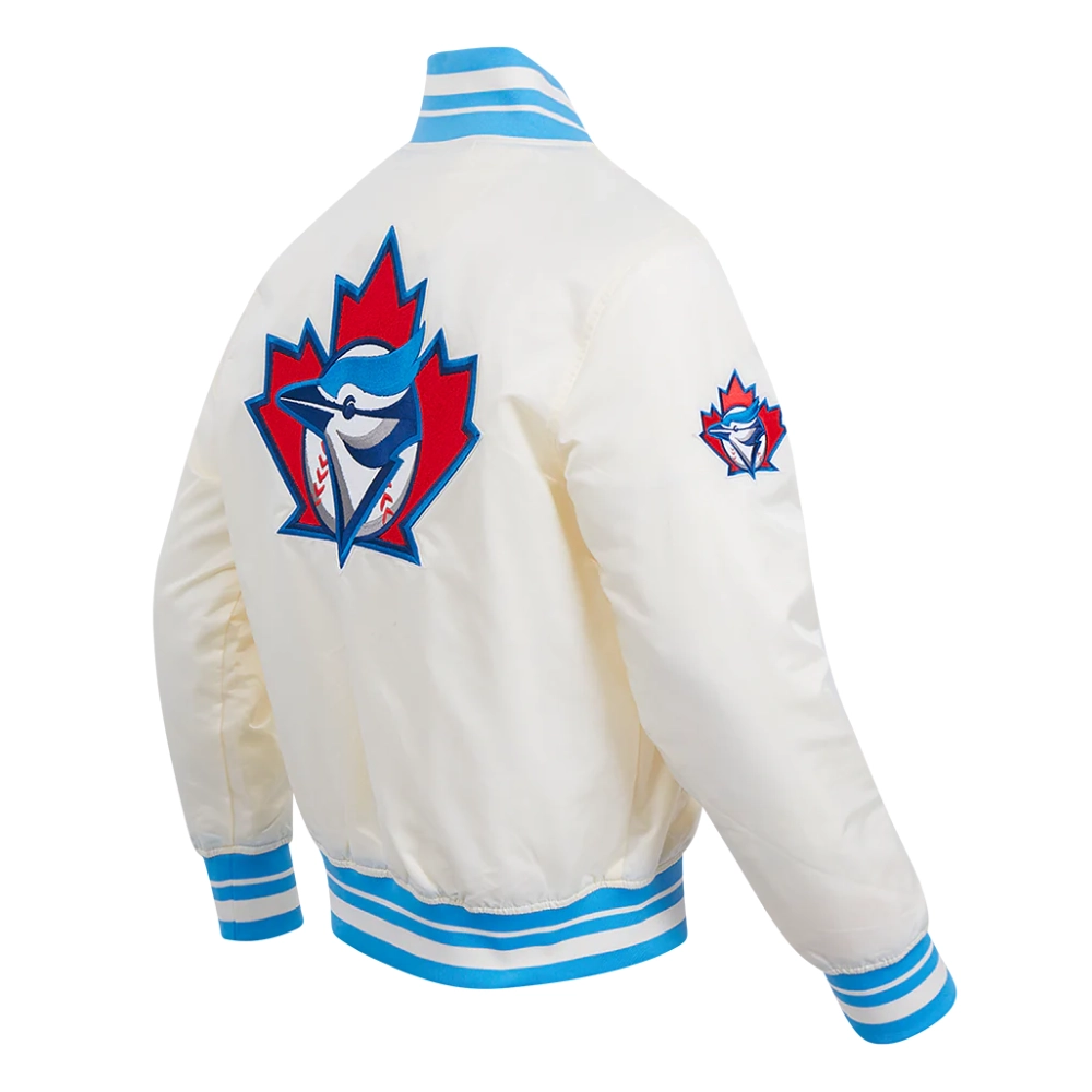 Toronto blue jays retro classic full snap satin varsity jacket cream 3