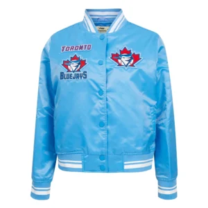 Toronto blue jays retro classic womens full snap satin varsity jacket blue 1