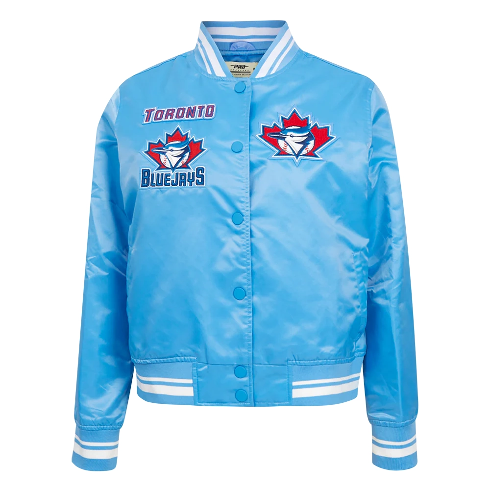 Toronto blue jays retro classic womens full snap satin varsity jacket blue 1