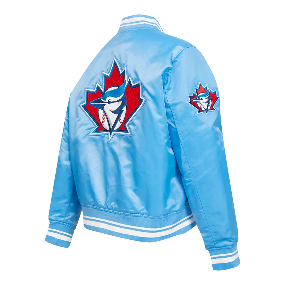Toronto blue jays retro classic womens full snap satin varsity jacket blue 3