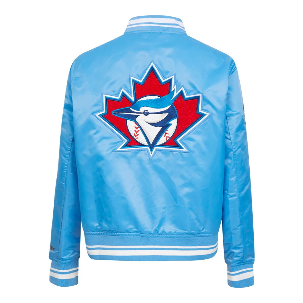 Toronto blue jays retro classic womens full snap satin varsity jacket blue 4