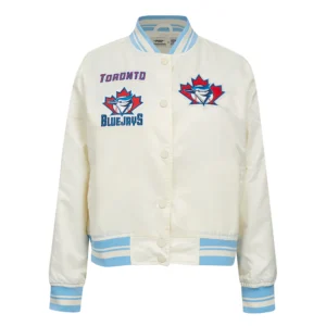 Toronto blue jays retro classic womens full snap satin varsity jacket cream 1