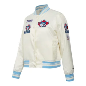 Toronto blue jays retro classic womens full snap satin varsity jacket cream 2
