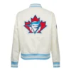 Toronto blue jays retro classic womens full snap satin varsity jacket cream 4