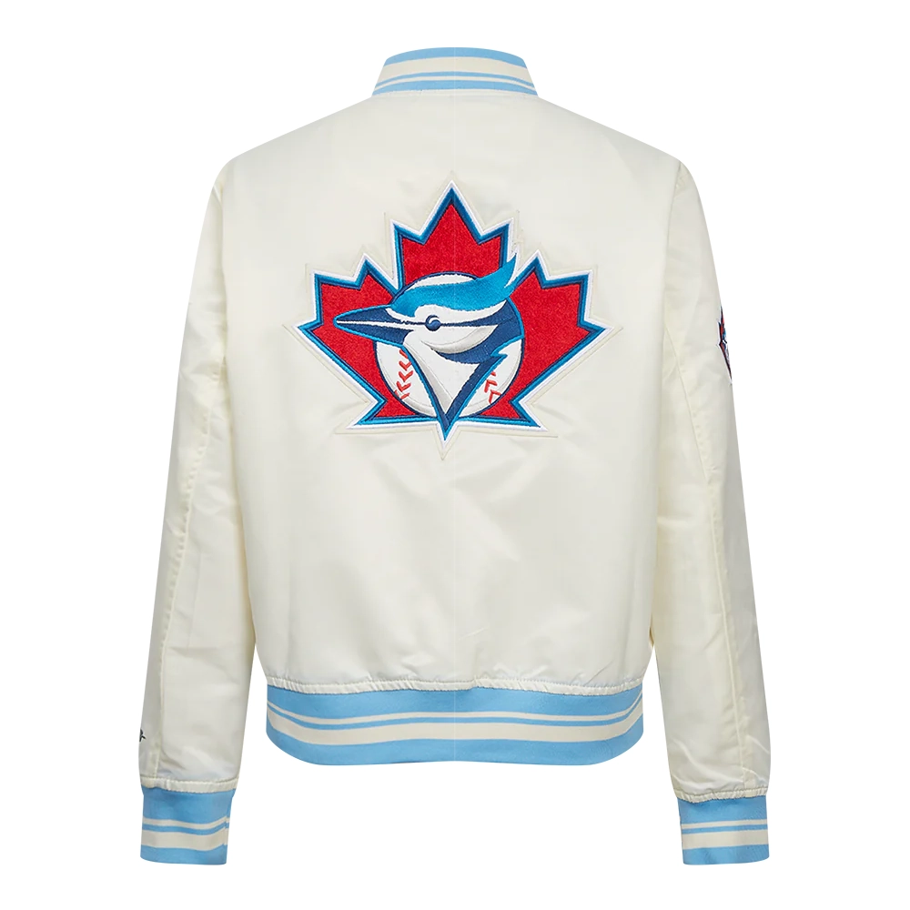 Toronto blue jays retro classic womens full snap satin varsity jacket cream 4