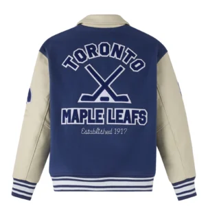 Toronto maple leafs bluecream full snap wool leather jacket