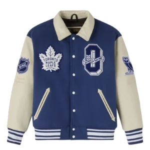 Toronto maple leafs bluecream full snap wool leather varsity jacket