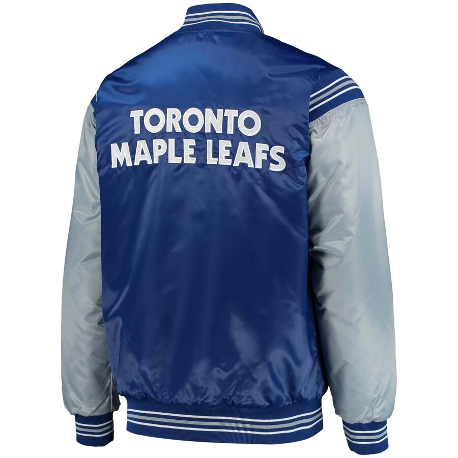 Toronto maple leafs enforcer full snap satin varsity jacket navygray 1