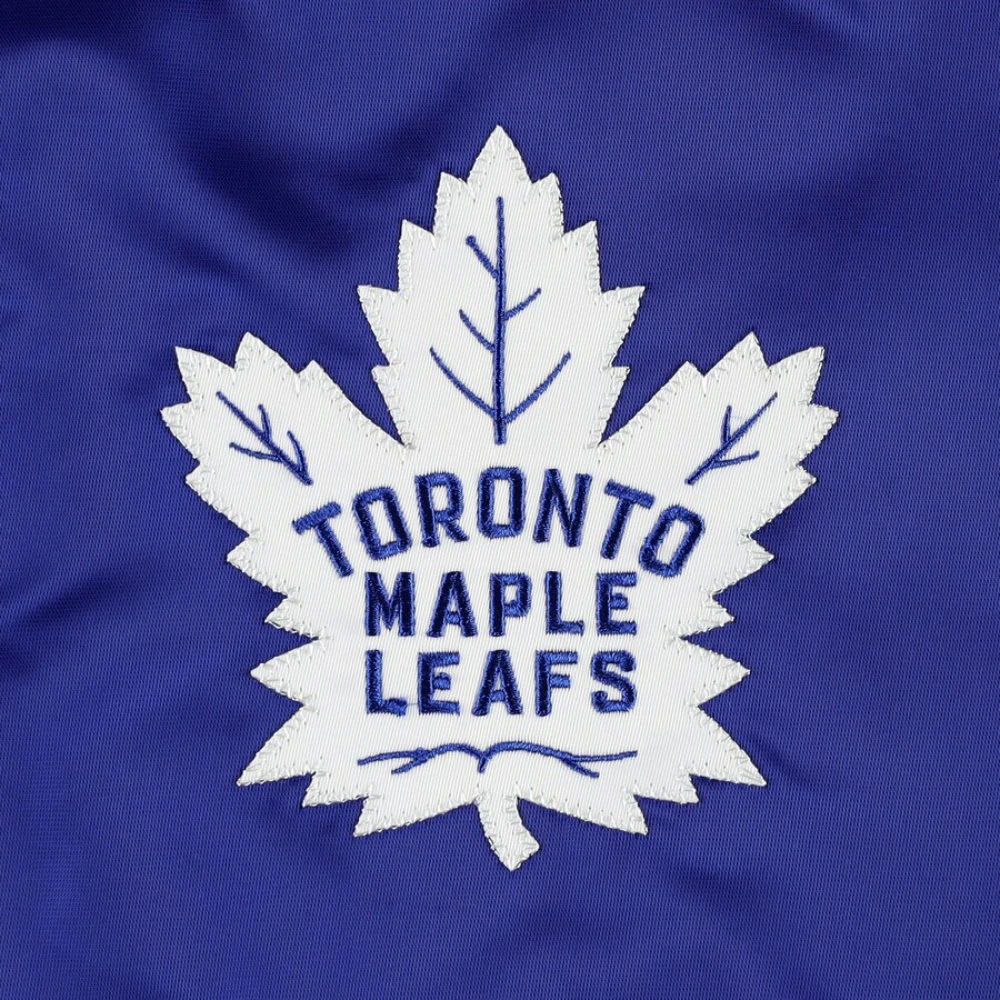 Toronto maple leafs starter pick and roll full snap satin varsity jacket blue 4