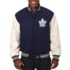 Toronto maple leafs two tone wool leather varsity jacket navy white 1