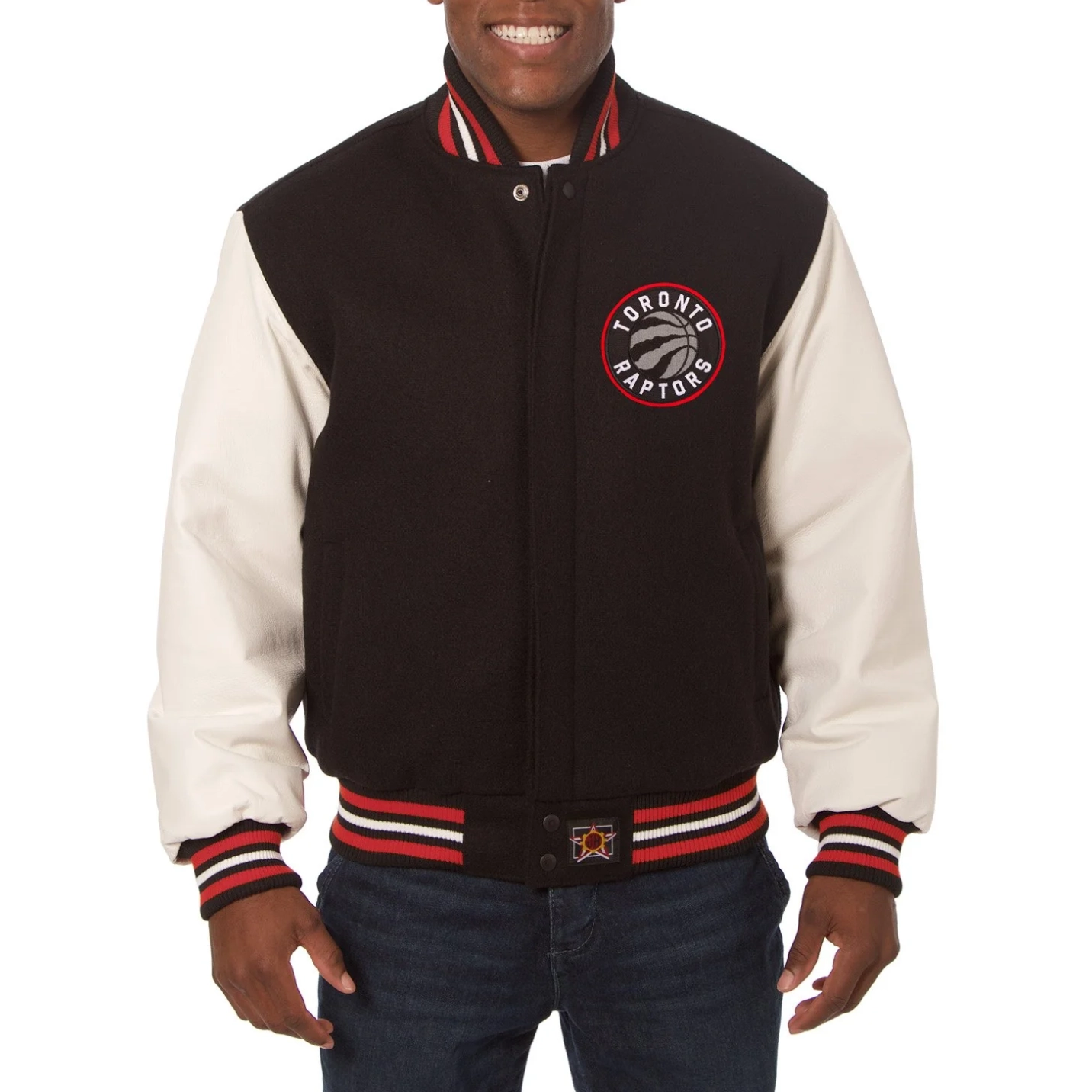 Toronto raptors domestic two tone wool and leather jacket red white 1