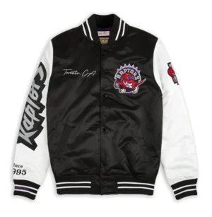 Toronto raptors nba team origins black white satin varsity jacket 1