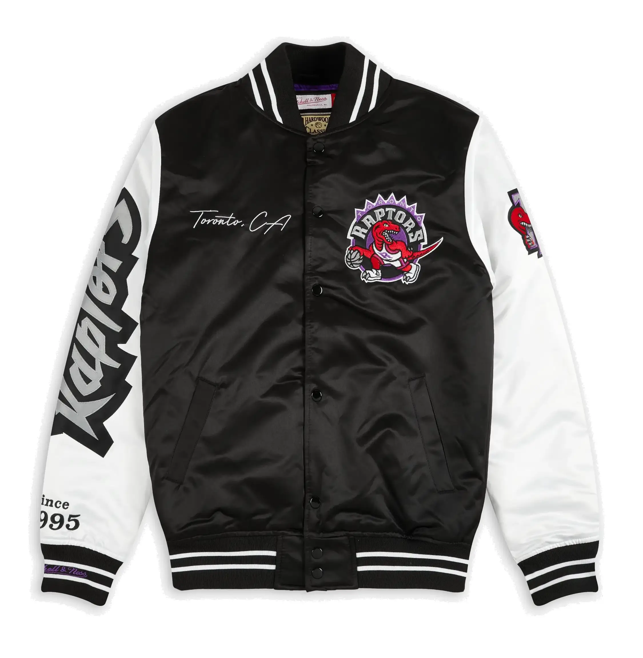Toronto raptors nba team origins black white satin varsity jacket 1