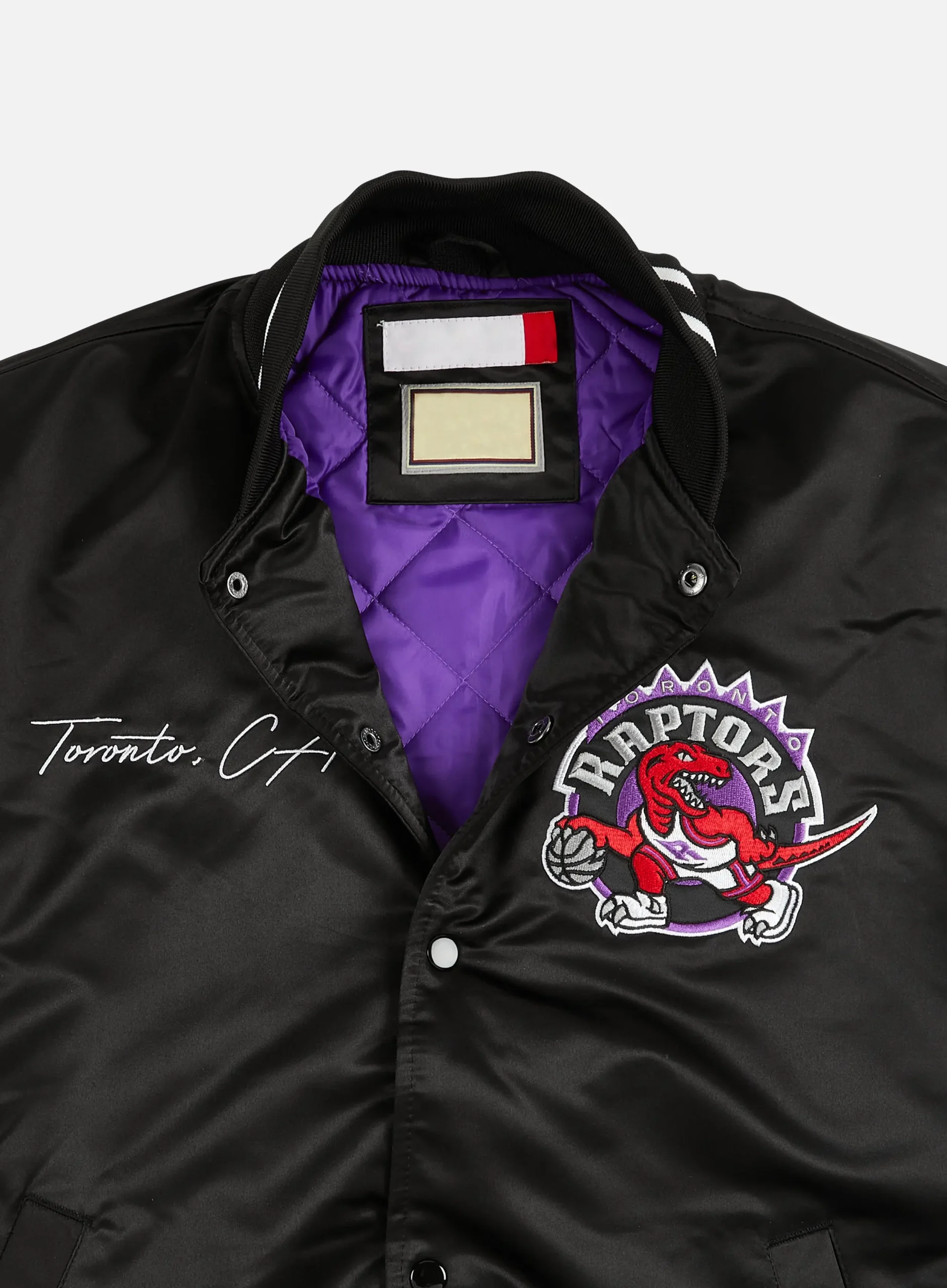 Toronto raptors nba team origins black white satin varsity jacket 3 scaled 1