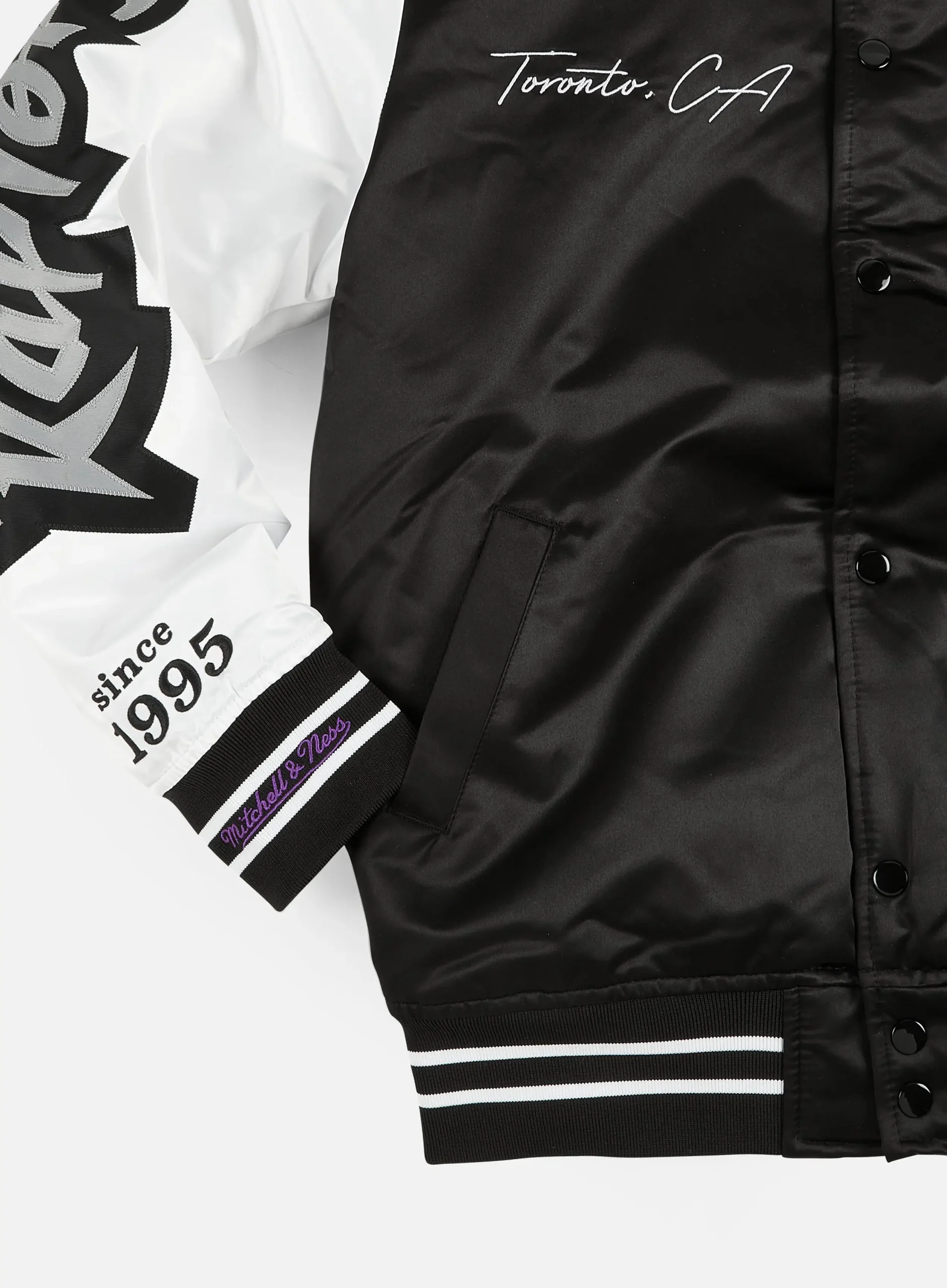 Toronto raptors nba team origins black white satin varsity jacket 4 scaled 1