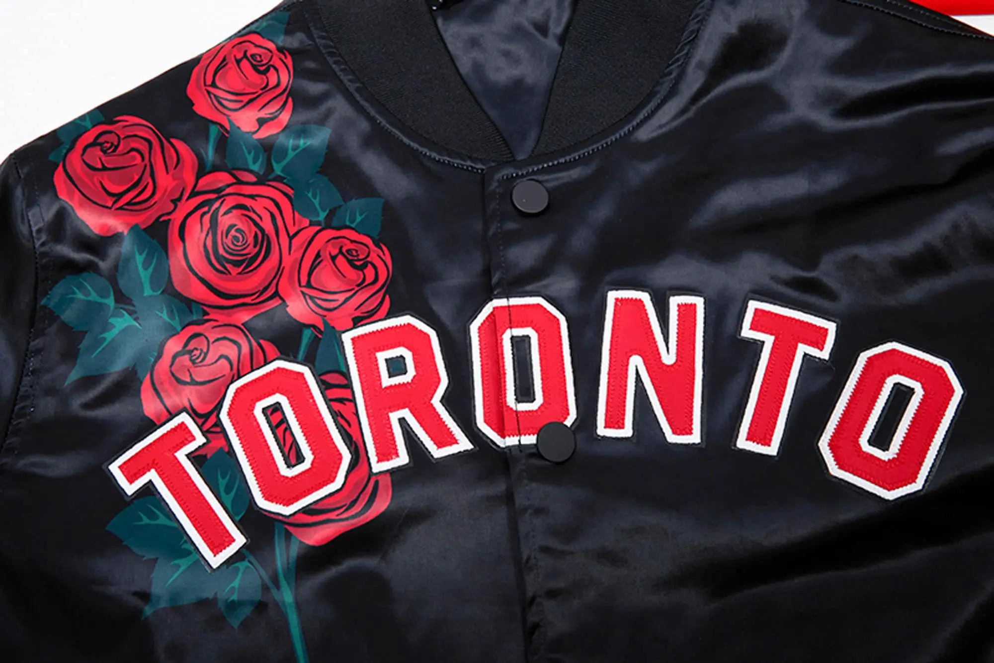 Toronto raptors pro standard black roses full snap satin varsity jacket 3
