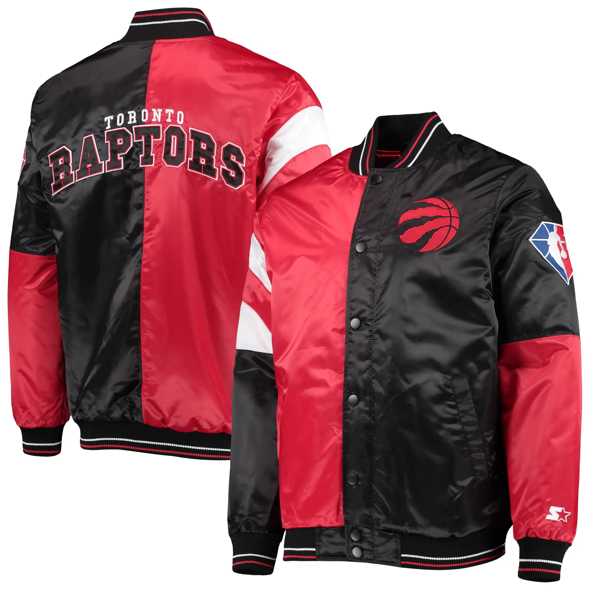 Toronto raptors starter 75th anniversary leader red black color block satin varsity jacket 4