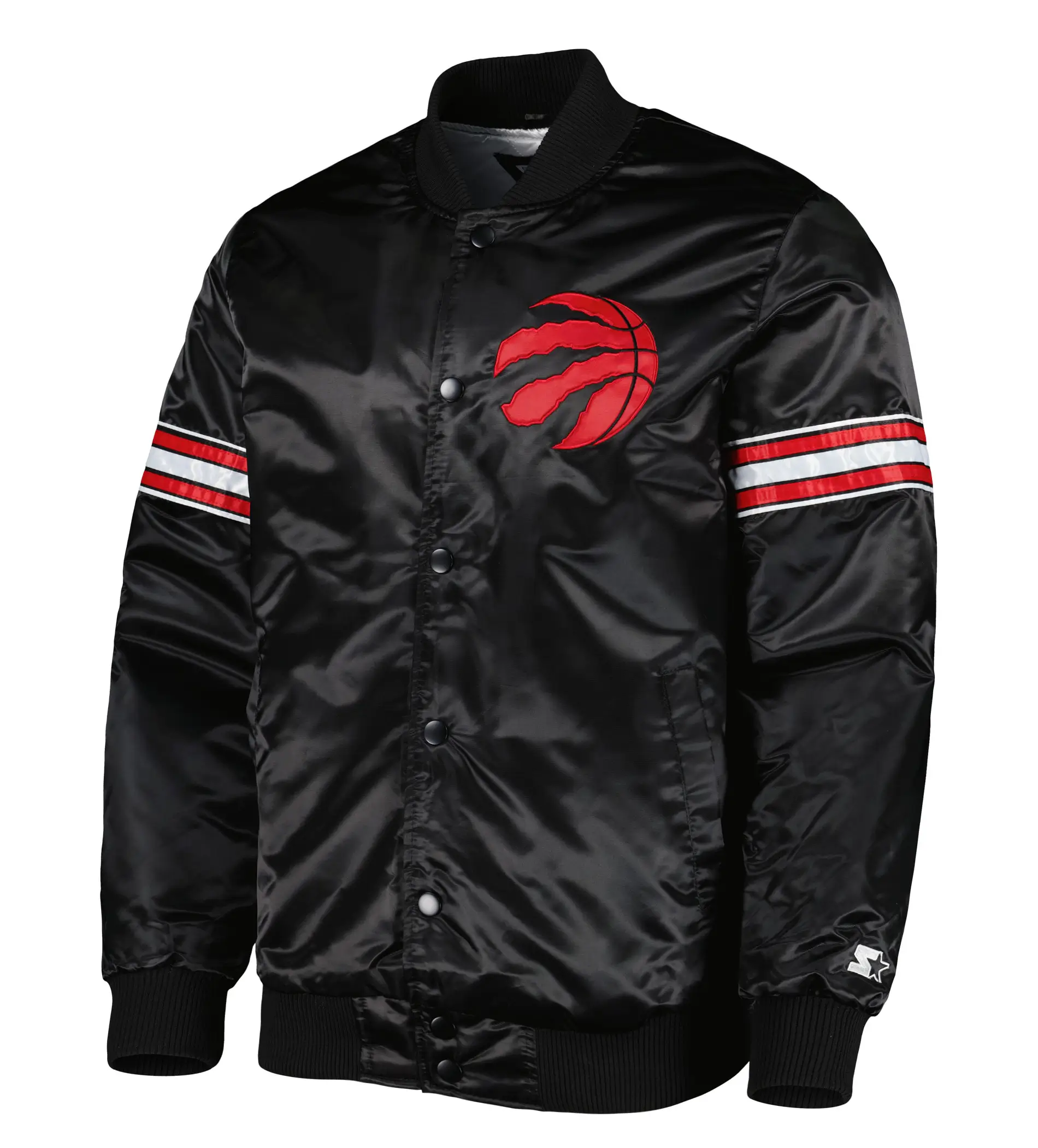 Toronto raptors starter pick roll full snap black satin varsity jacket 1