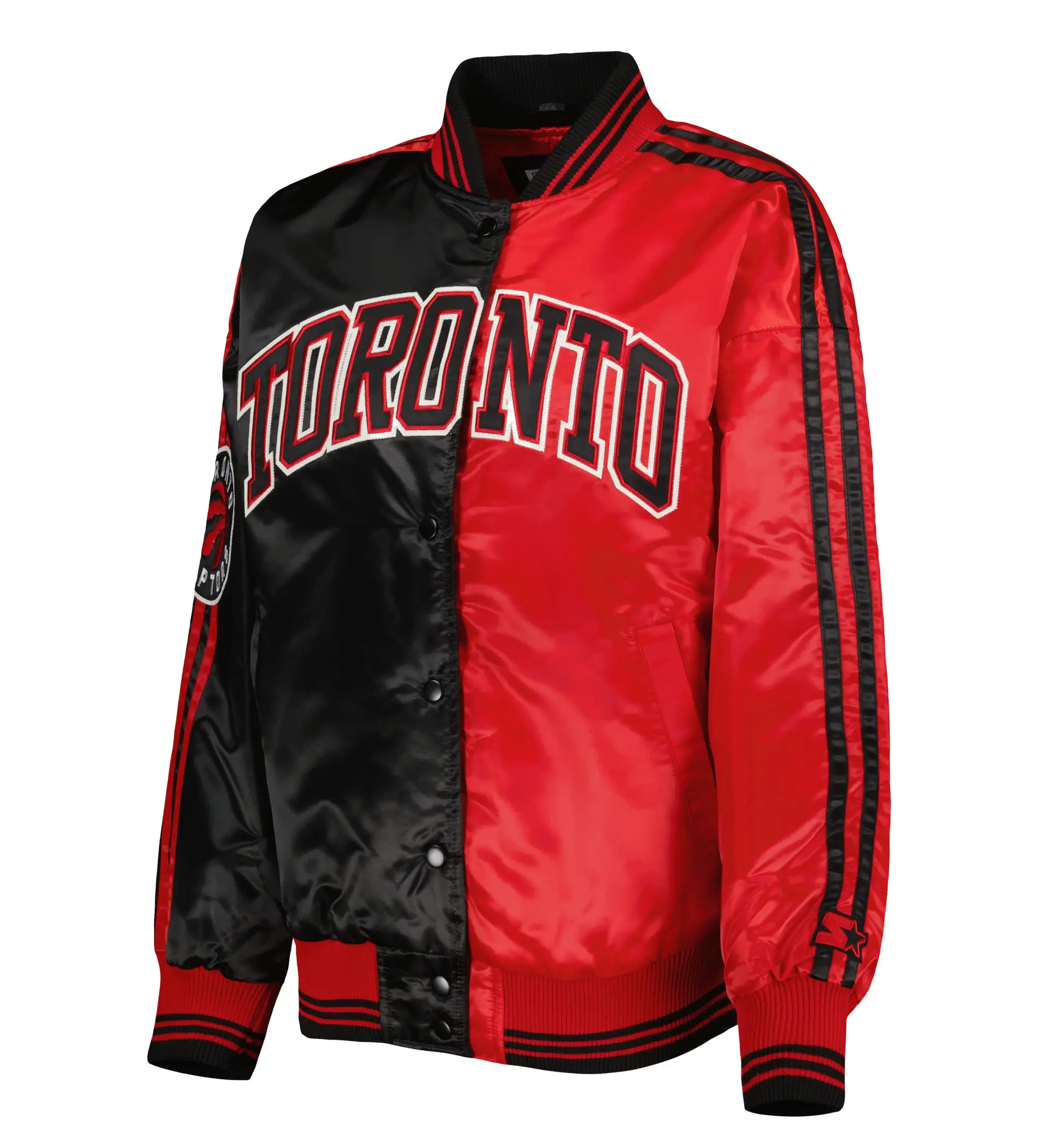 Toronto raptors starter split colorblock full snap black red satin varsity jacket 1