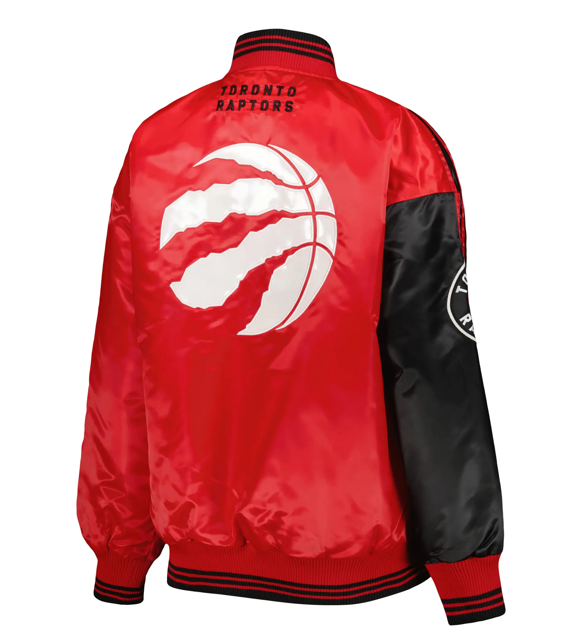 Toronto raptors starter split colorblock full snap black red satin varsity jacket 2