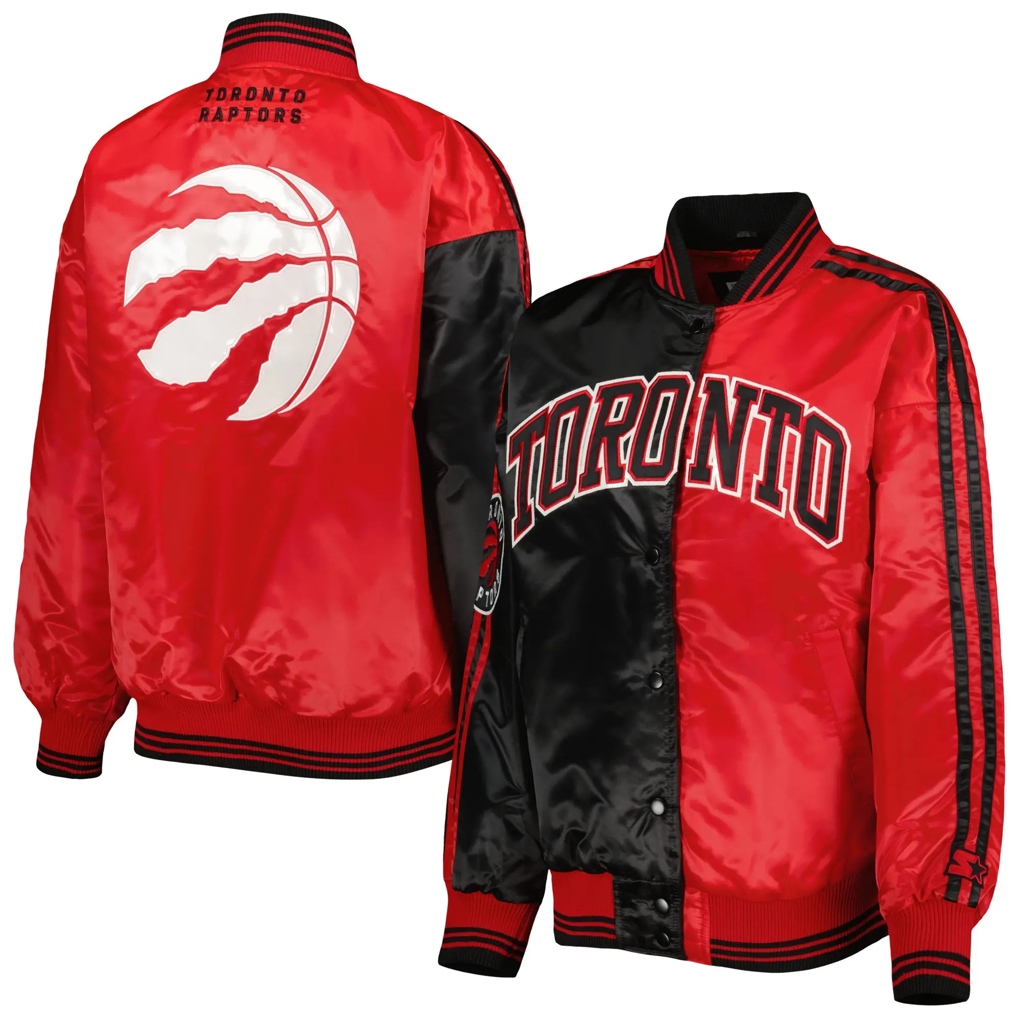 Toronto raptors starter split colorblock full snap black red satin varsity jacket 4