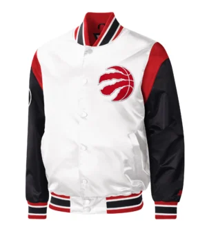 Toronto raptors starter warmup pitch full snap white black satin varsity jacket 1