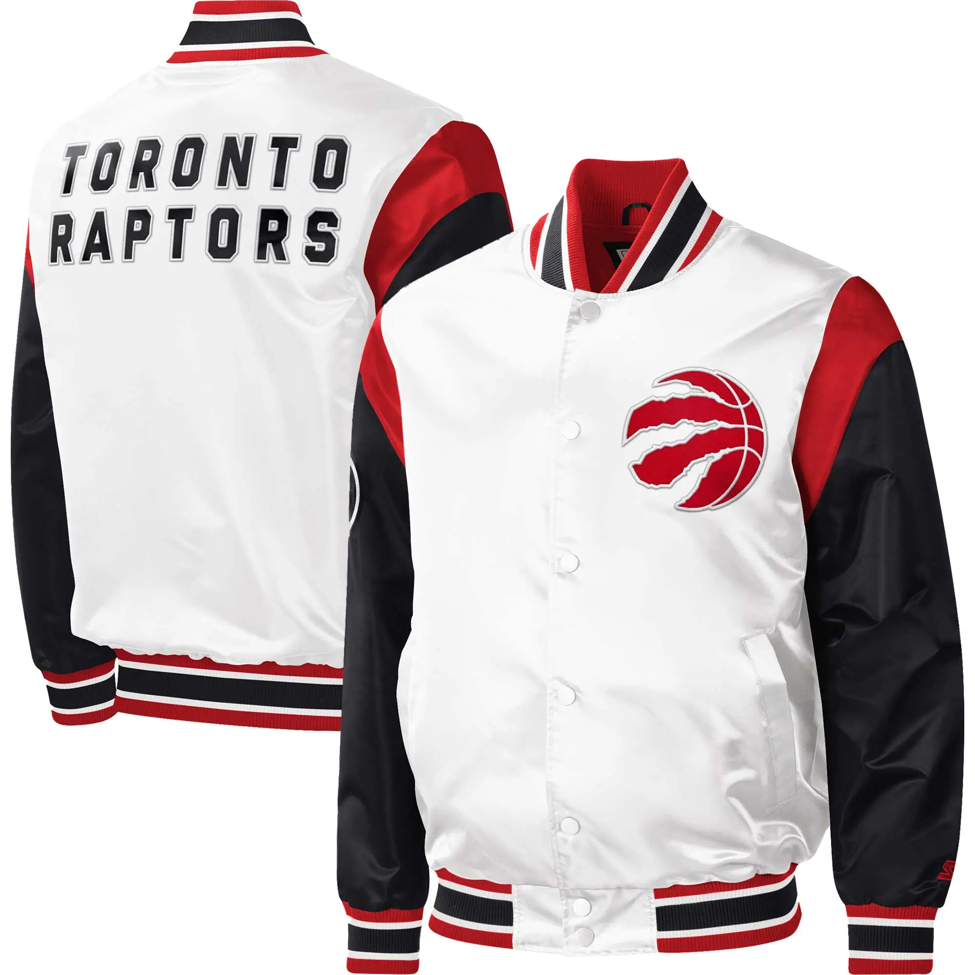 Toronto raptors starter warmup pitch full snap white black satin varsity jacket 3