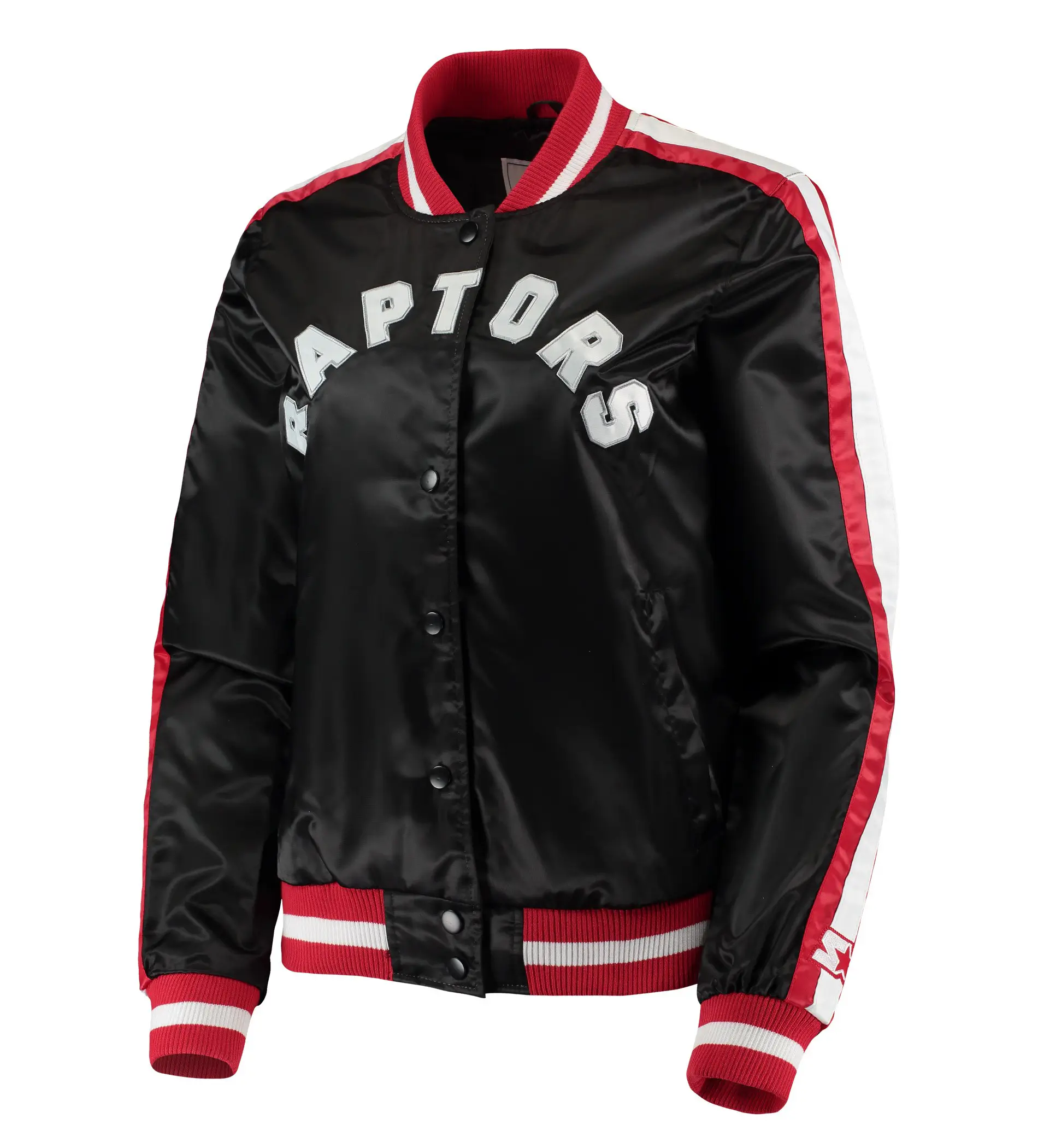 Toronto raptors starter womens competition full snap black satin varsity jacket 1