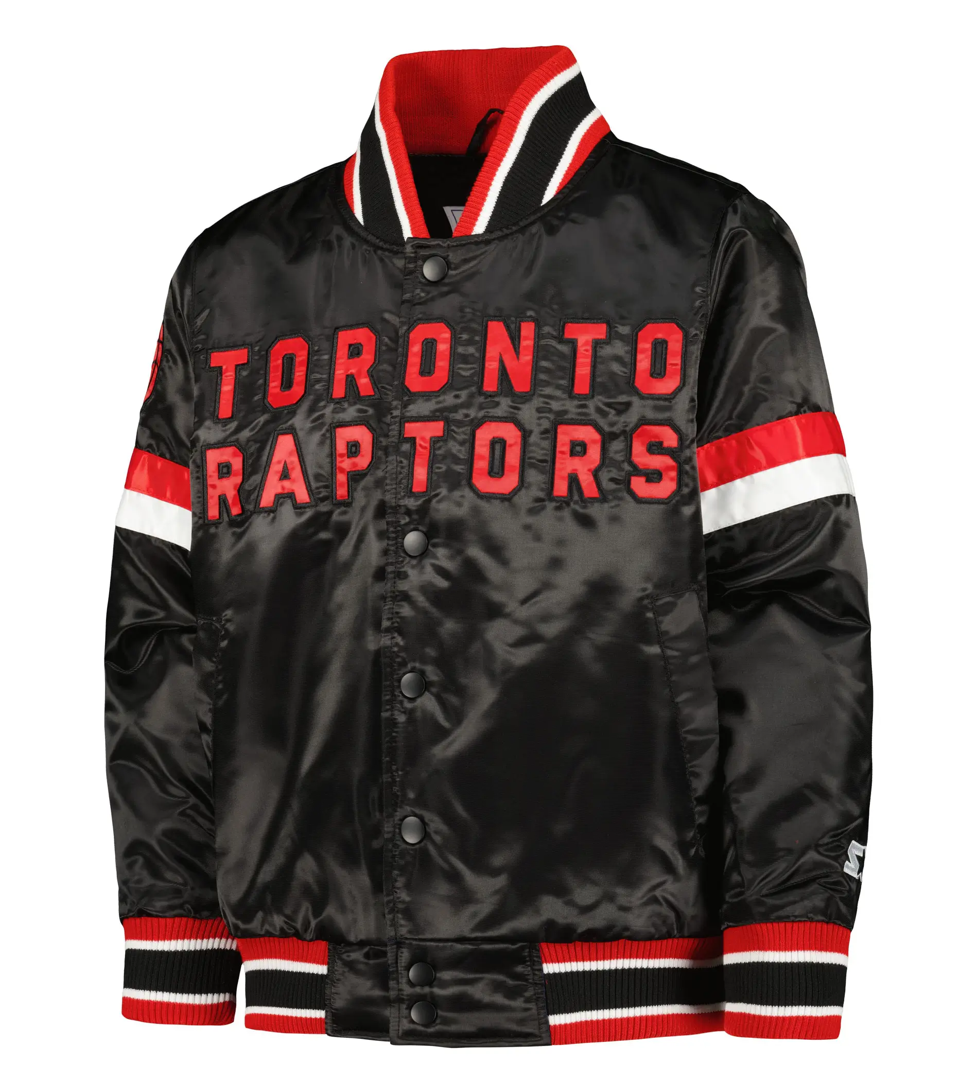 Toronto raptors starter youth home game full snap black satin varsity jacket 1