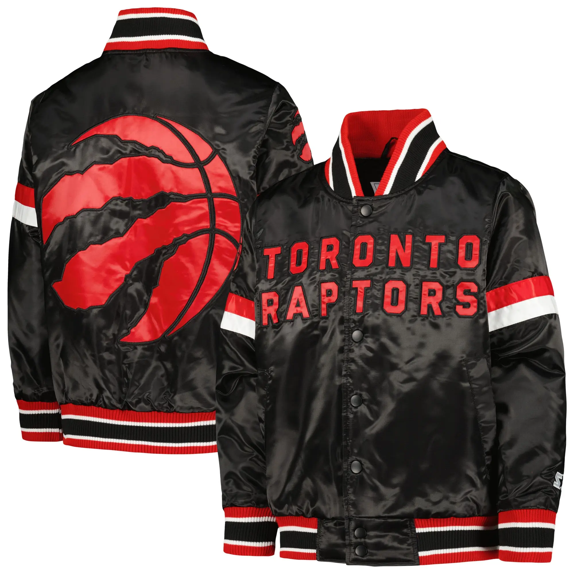 Toronto raptors starter youth home game full snap black satin varsity jacket 3