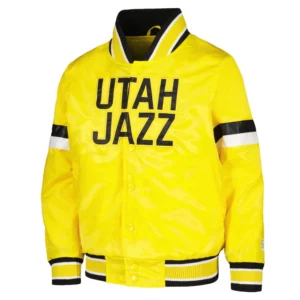 Utah jazz home game satin varsity jacket yellow 1