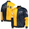 Utah jazz leader satin varsity jacket yellow navy 3