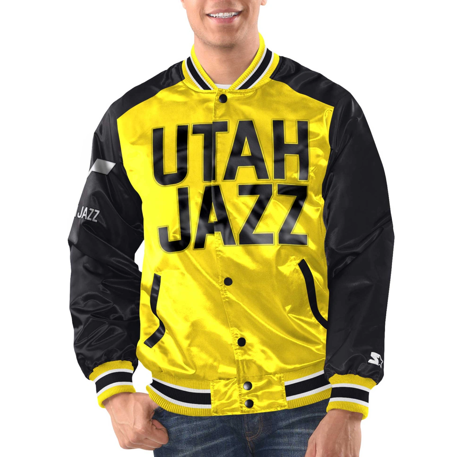 Utah jazz renegade satin varsity jacket yellow black 1
