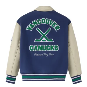 Vancouver canucks bluecream full snap wool leather jacket