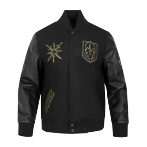 Vegas golden knights black gold wool leather varsity jacket black 1