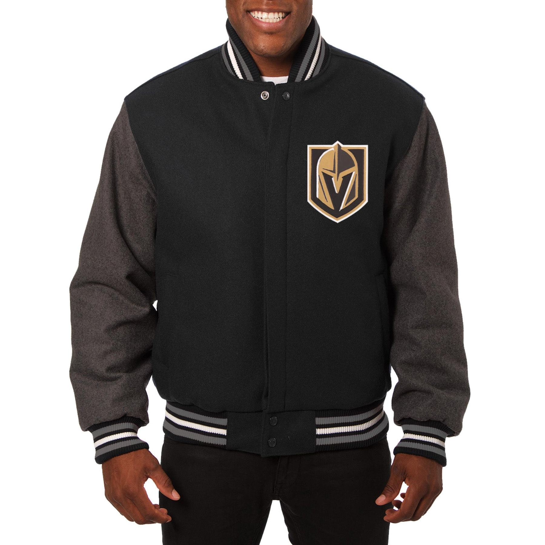 Vegas golden knights handmade two tone wool varsity jacket black grey 1