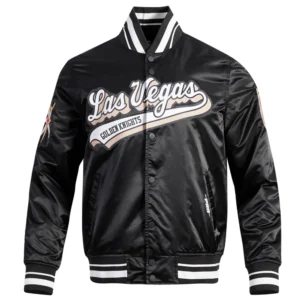 Vegas golden knights script tail full snap satin varsity jacket black 6