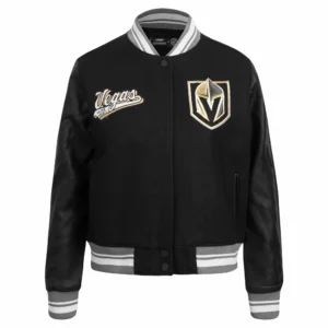 Vegas golden knights script tail womens wool leather varsity jacket black 1